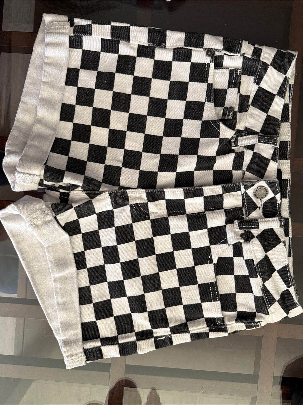 Black and White Checkerboard Denim Shorts